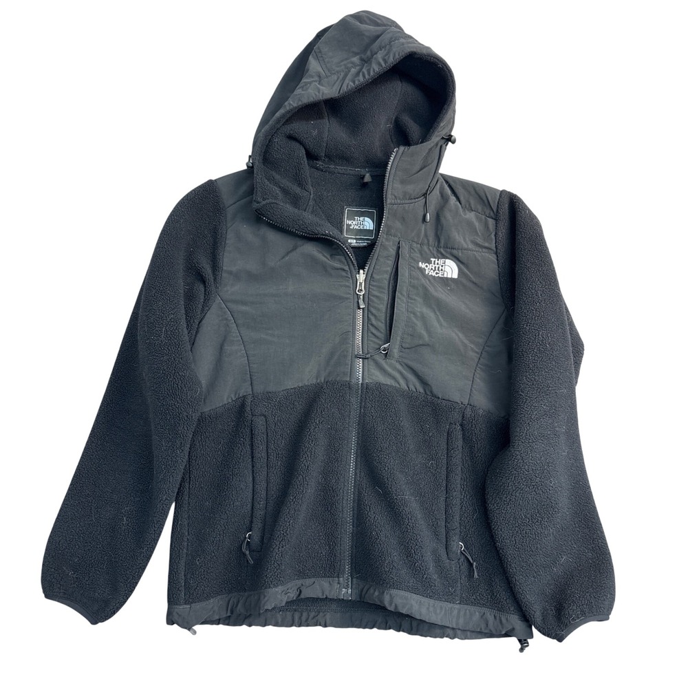 The North Face Denali Hooded Fleece Jacket Black Women Small Full Zip Overlay